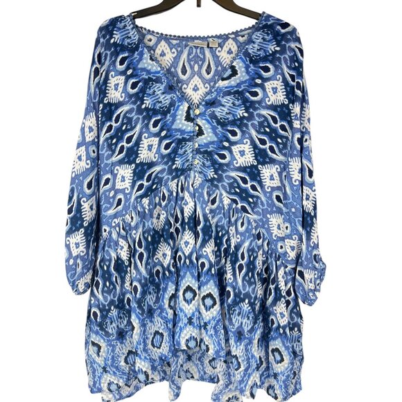 Avenue Womens Blue & White Boho Tunic Top With Button Details Size 22/24 - Picture 2 of 16